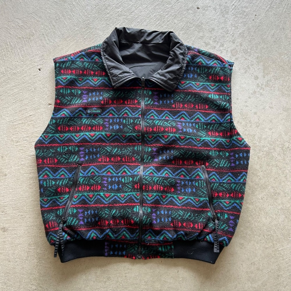 Vintage 90s Columbia Aztec Reversible Vest Size Mens XL Black‎ Fleece Jacket